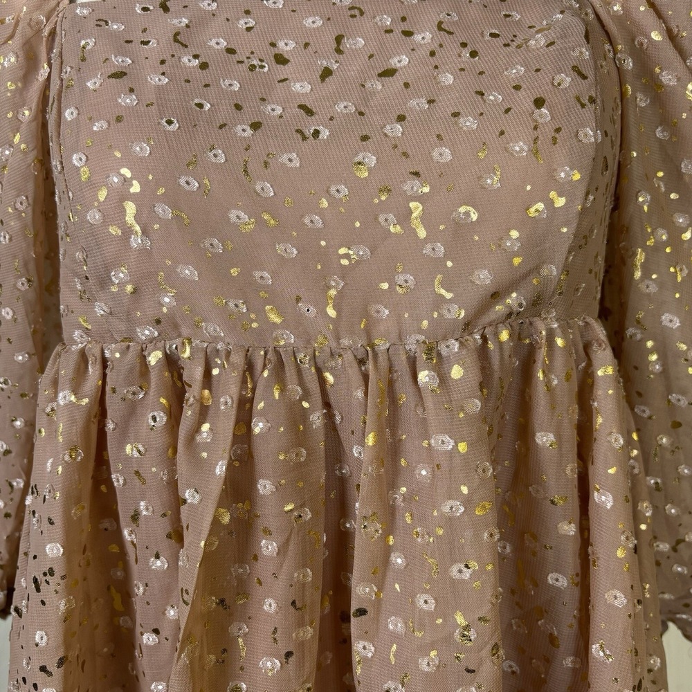 Storia Anthropologie Womens Dress Sz S Metallic‎ Babydoll Mini Puff Sleeve - Picture 4 of 11